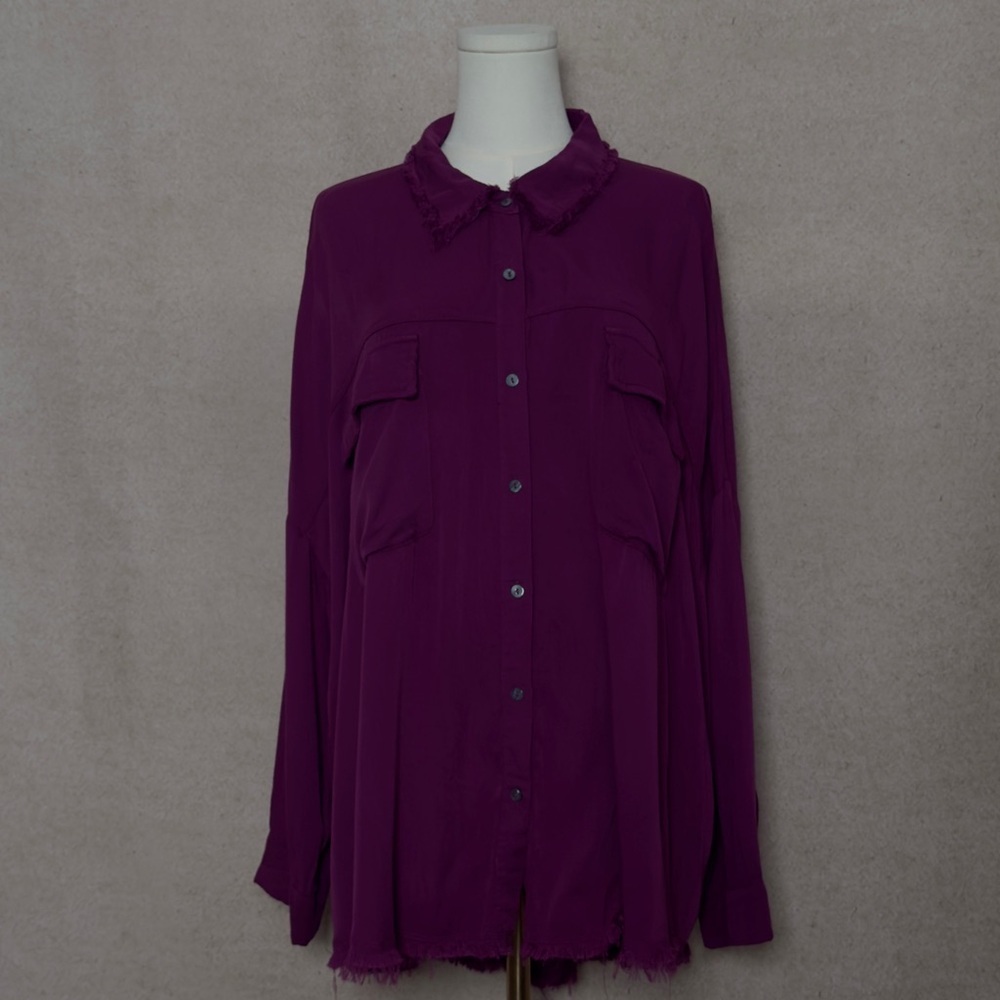 White Birch Deep Plum Button-Down Shirt With Soft Flowy Drape w/ Feminine Touch